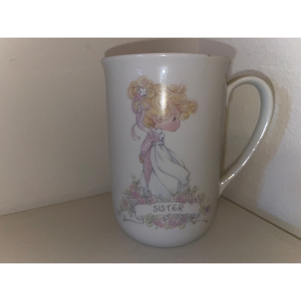 Vintage 1989 Precious Moments‎ Sister Coffee Mug Enesco Ceramic Floral White Cup